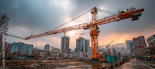 Obraz na płótnie Tower cranes at construction development site. Generative AI technology.
w salonie