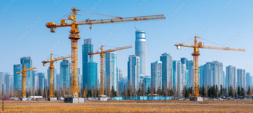 City buildings project construction sites development and tower cranes. Generative AI technology.