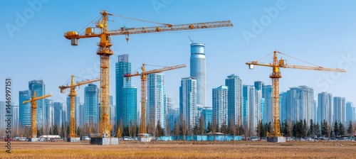 Obraz na płótnie City buildings project construction sites development and tower cranes. Generative AI technology.
w salonie