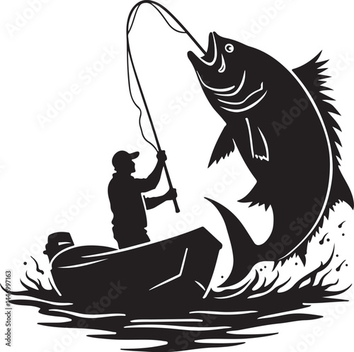 Silhouettes of Men and Dogs Fishing