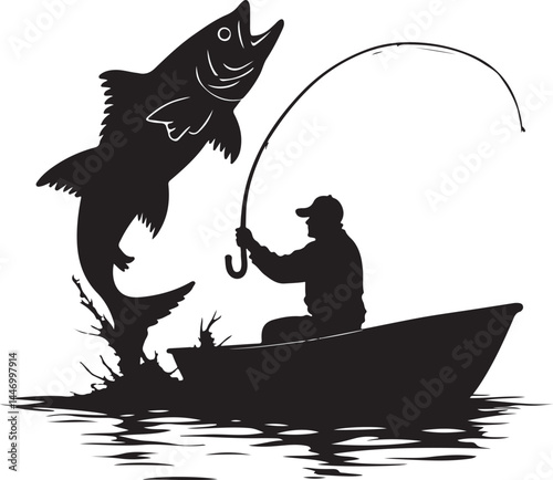 Silhouettes of Men and Dogs Fishing