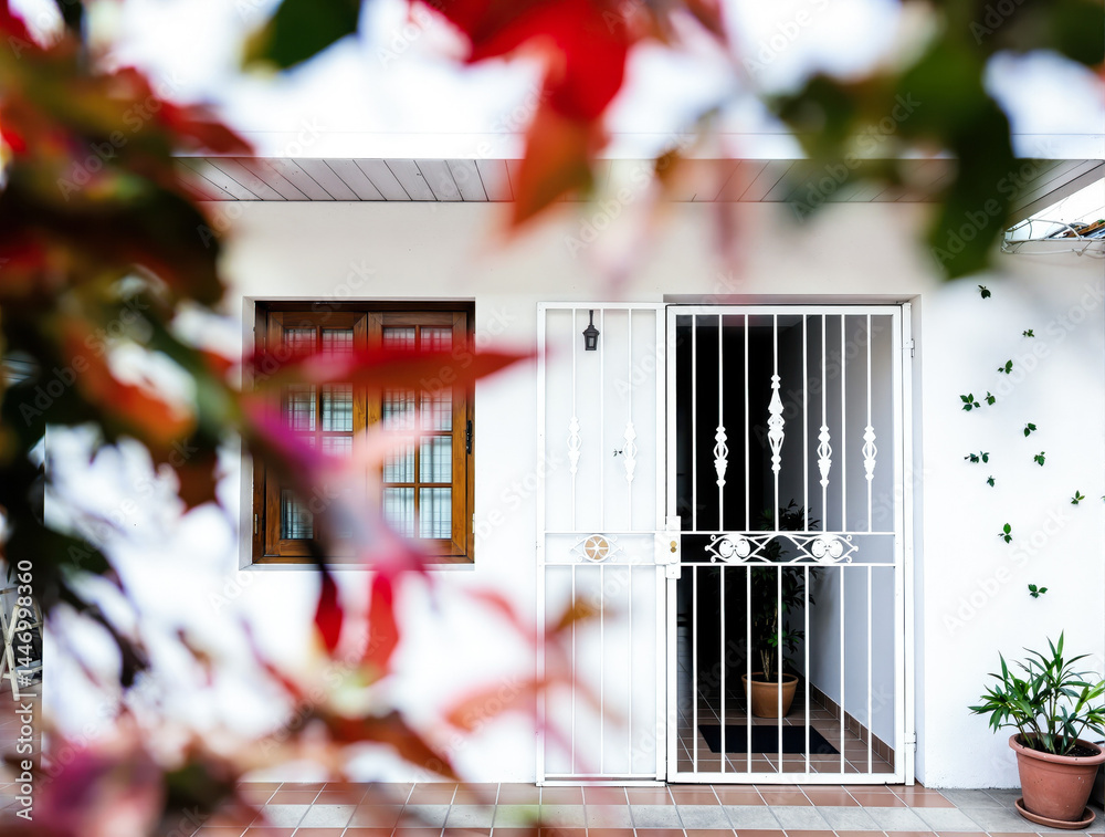 white building exterior with brown window and decorative metal gate white building exterior with brown window and decorative metal gate
