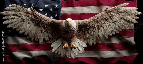 Obraz na płótnie Eagle bird symbolizing strength and freedom with America flag background. 4th of July Memorial or Independence day. Generative AI technology.
w salonie