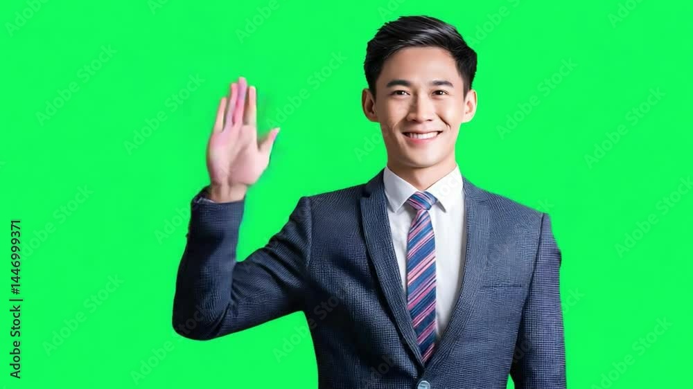 Asian Businessman Waving with a Smile: A charismatic Asian businessman, attired in a formal suit, extends a welcoming hand in a friendly gesture against a vibrant green backdrop. Asian Businessman Waving with a Smile: A charismatic Asian businessman, attired in a formal suit, extends a welcoming hand in a friendly gesture against a vibrant green backdrop.