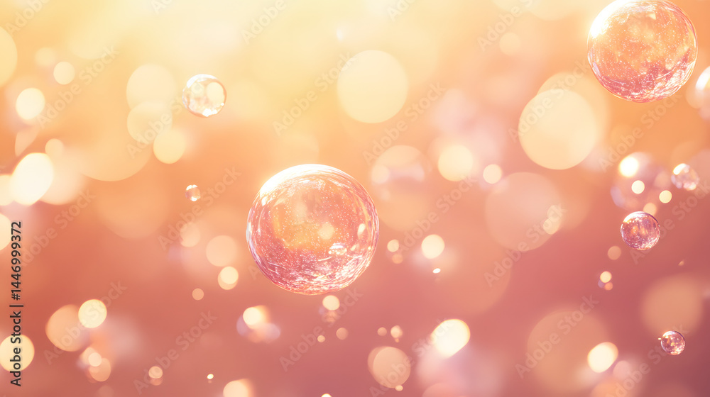 Abstract background with floating translucent spheres and bokeh lights in warm tones. Abstract background with floating translucent spheres and bokeh lights in warm tones.