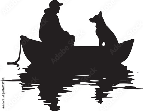 Silhouettes of Men and Dogs Fishing