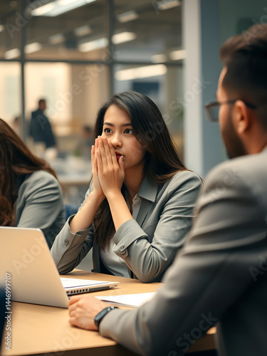 Shy nervous bashful female employee feels embarrassed blushing afraid of public speaking at corporate group team meeting, timid stressed woman hiding face during awkward moment reporting in office