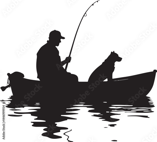 Silhouettes of Men and Dogs Fishing