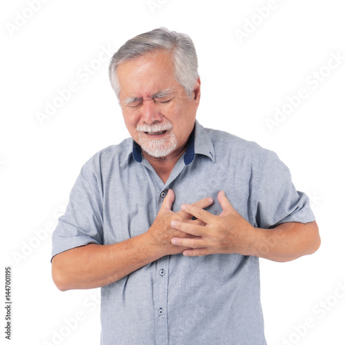 Senior man suffering from chest pain heart attack isolated on a transparent background, elderly male having heart disease symptoms, healthcare and medical emergency concept