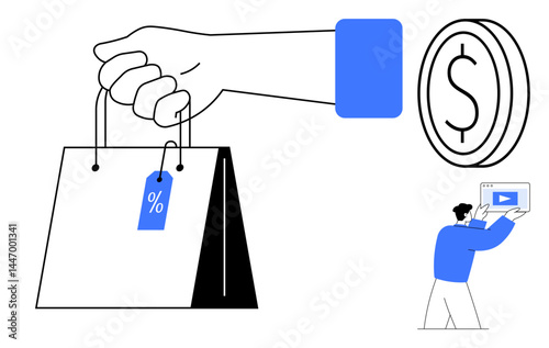 Hand holding a shopping bag with a discount tag, coin icon, and man using a digital device. Ideal for e-commerce, retail, discount, marketing, payment, shopping simple landing page