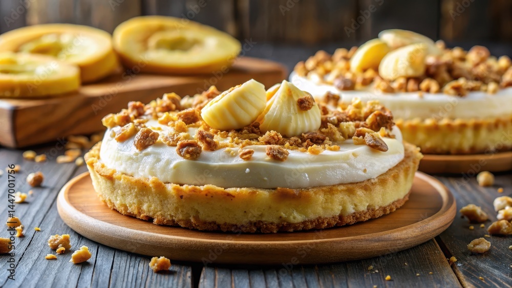 Rich, velvety banana cream filling with caramelized sugar and crushed nuts atop a layer of sliced bananas on top of a crispy cookie crust, close-up, caramel Rich, velvety banana cream filling with caramelized sugar and crushed nuts atop a layer of sliced bananas on top of a crispy cookie crust, close-up, caramel