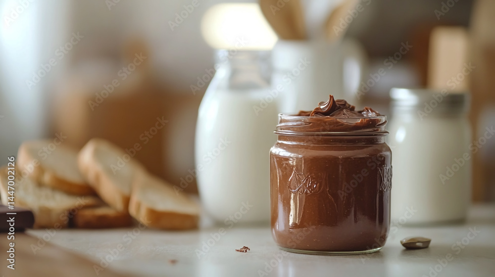 Close-up of a jar with chocolate spread on a table in the kitchen, with milk and bread nearby, against a white background. Close-up of a jar with chocolate spread on a table in the kitchen, with milk and bread nearby, against a white background.