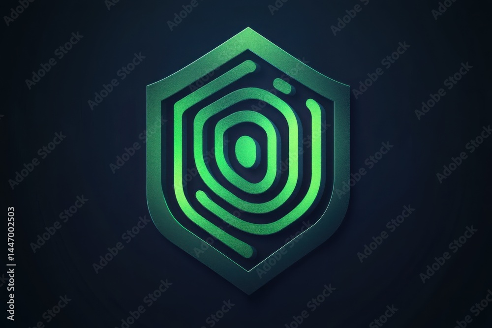 Abstract security shield with a fingerprint design glowing green on dark background