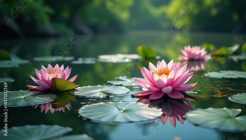 Water lilies create a floral tapestry across still lake, stock, still, landscape