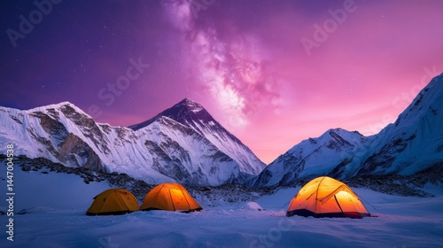 A stunning Milky Way shot over Everest Base Camp, tents glowing under the cosmic sky,