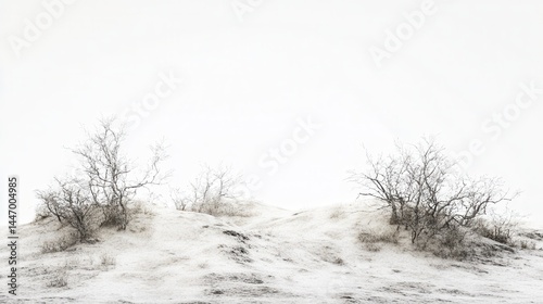 Minimalist winter landscape with snow-covered mounds and leafless shrubs against a bright white sky.