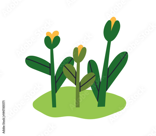 Flowers growing in nature. Blossom with leaves, blooming plant growth on grass. Fresh spring and summer garden flora, floral buds, wildflowers. Flat vector illustration isolated on white background