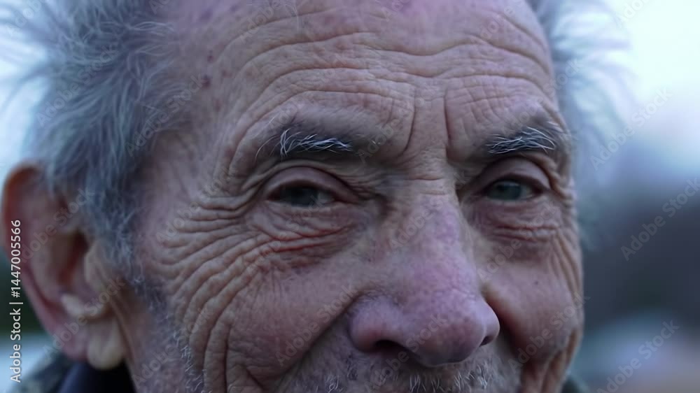 Elderly man with weathered face gazes pensively at the horizon during sunset