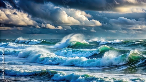 Rough seas with waves crashing against the shore , ocean waves, stormy sea
