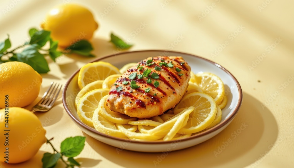 Tempting lemon chicken in the dreamy corner on a lemon chiffon background, in a clean food photography style, with sunrise radiance, spacious layout, high resolution Tempting lemon chicken in the dreamy corner on a lemon chiffon background, in a clean food photography style, with sunrise radiance, spacious layout, high resolution