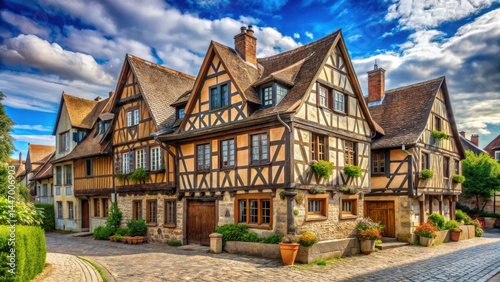 Fototapeta Naklejka Na Ścianę i Meble -  Traditional half-timbered house with ornate wooden facades and steeply pitched roofs surrounded by cobblestone streets , timber framing, french countryside