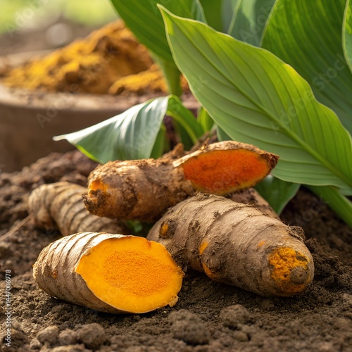 Close-up View of Fresh Turmeric Roots (Curcuma longa) with Bright Orange Flesh, Harvested Turmeric, Organic Root, Fresh Spices, Healthy Turmeric, Agricultural Farming, Natural Herbs, Root Vegetables
