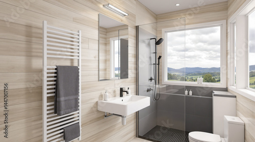 modern bathroom with light wood paneling and a walk-in shower overlooking a scenic view