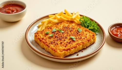 Tempting tofu katsu in the neat corner on a butter white background, in a clean food photography style, with mild noon radiance, spacious layout, high resolution