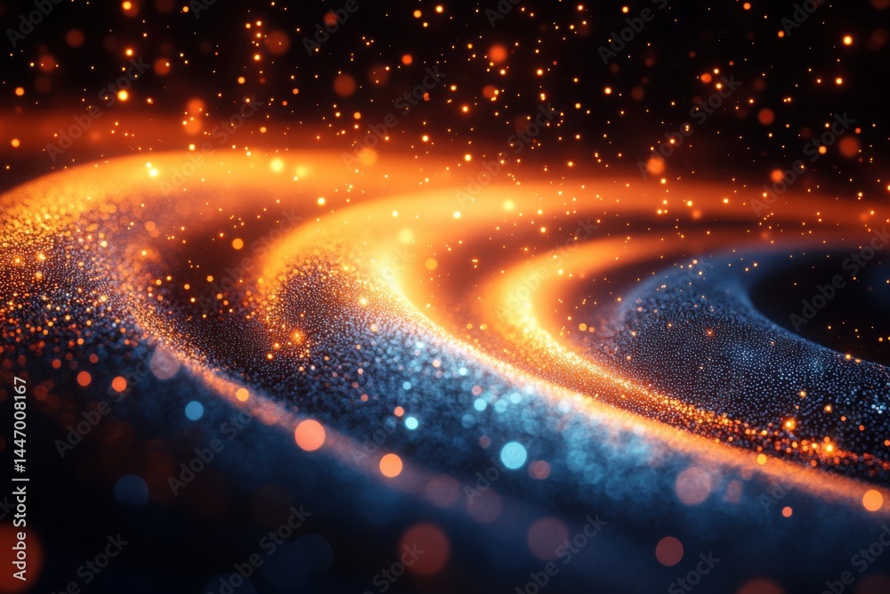 Abstract swirling space dust orange gold and blue dark background with bokeh lights Abstract swirling space dust orange gold and blue dark background with bokeh lights