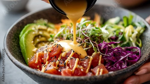 An appetizing poke bowl filled with fresh ingredients including diced tuna, avocado, and colorful vegetables, drizzled with a creamy sauce for a healthy meal option.