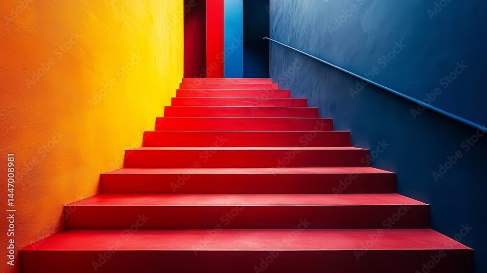 Vibrant red staircase with colorful walls creates bold, modern aesthetic. geometric design is striking and artistic Vibrant red staircase with colorful walls creates bold, modern aesthetic. geometric design is striking and artistic