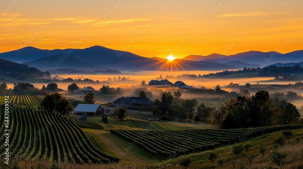 Naklejka premium A beautiful morning sunrise over a valley of rolling hills