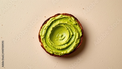 Tempting smashed avocado in the casual corner on a light taupe background, in a clean food photography style, with ambient overhead radiance, spacious layout, high resolution