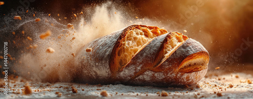 Freshly baked loaf of bread erupts in flour