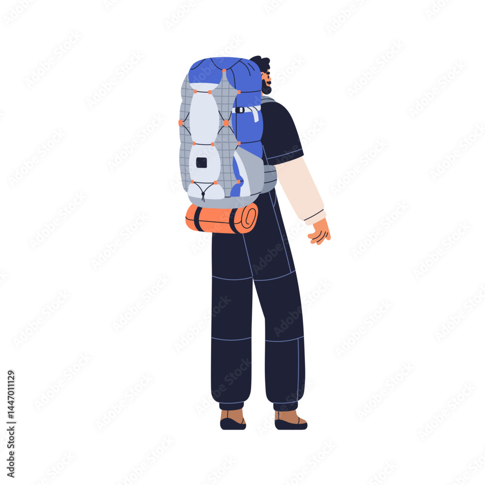 Hiker with backpack, view from behind, back. Male tourist hiking. Backpacker traveler in adventure, travel with rucksack baggage, trekking bag. Flat vector illustration isolated on white background Hiker with backpack, view from behind, back. Male tourist hiking. Backpacker traveler in adventure, travel with rucksack baggage, trekking bag. Flat vector illustration isolated on white background