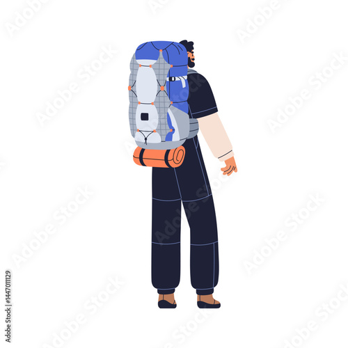 Hiker with backpack, view from behind, back. Male tourist hiking. Backpacker traveler in adventure, travel with rucksack baggage, trekking bag. Flat vector illustration isolated on white background