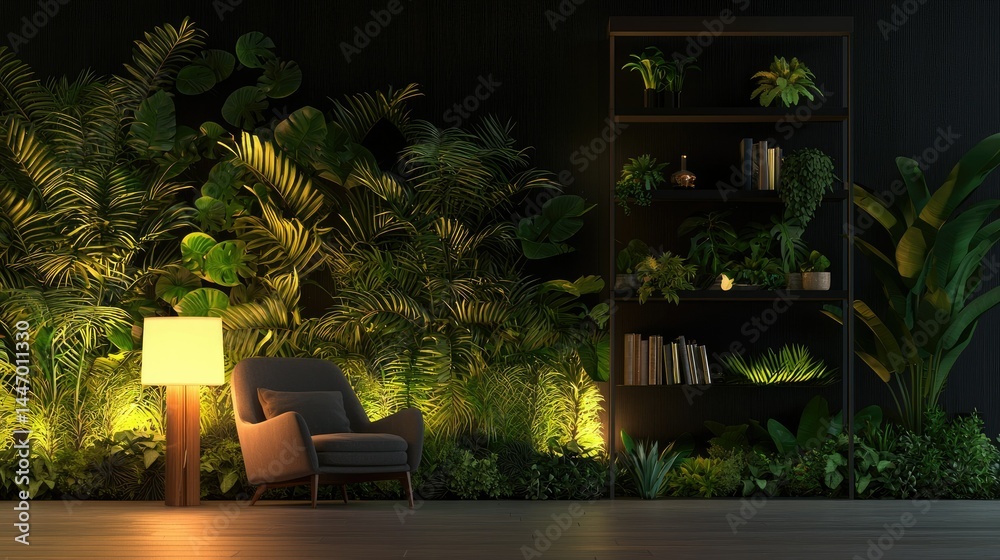 Fototapeta premium An illuminated modern interior decorated with diverse greenery plants