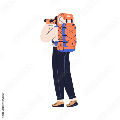 Backpack tourist with travel bag, looking through binoculars. Female hiker, backpacker exploring in adventure. Woman traveler with rucksack. Flat vector illustration isolated on white background