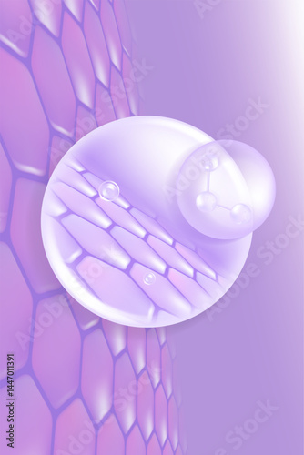 Hyaluronic acid and Niacinamide skin solutions ad. purple collagen serum drops into skin cells with cosmetic advertising background ready to use, illustration vector.