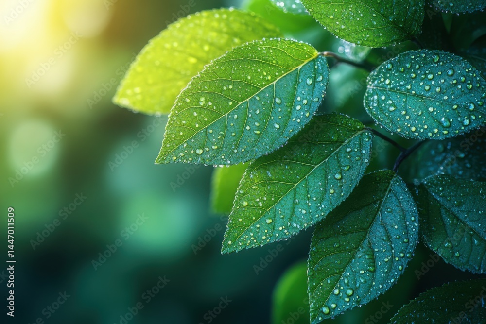 Fototapeta premium Fresh green leaves glistening with water droplets after a rain shower in soft light