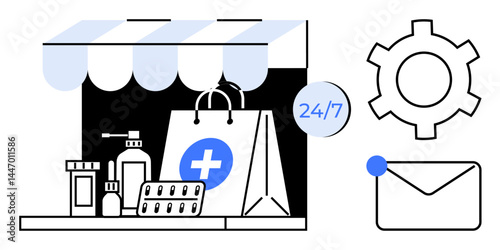 Medicine bottles, blister packs, a shopping bag with medical cross under a storefront awning, accompanied by 247 bubble, email icon, and gear. Ideal for e-commerce, healthcare apps, digital services