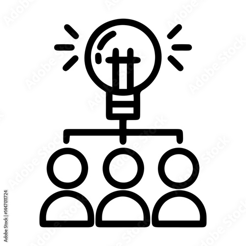 One idea (outline style). This image depicts a lightbulb above three people, symbolizing a bright idea or brainstorming session. It represents collaboration, teamwork, and generation of new concepts