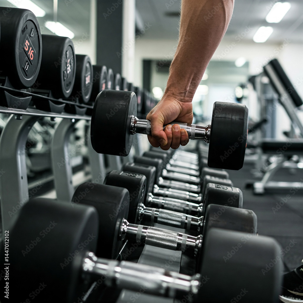 dumbbell in gym. Rows of dumbbells in the gym with hand. close up of hand lifting dumbbells.