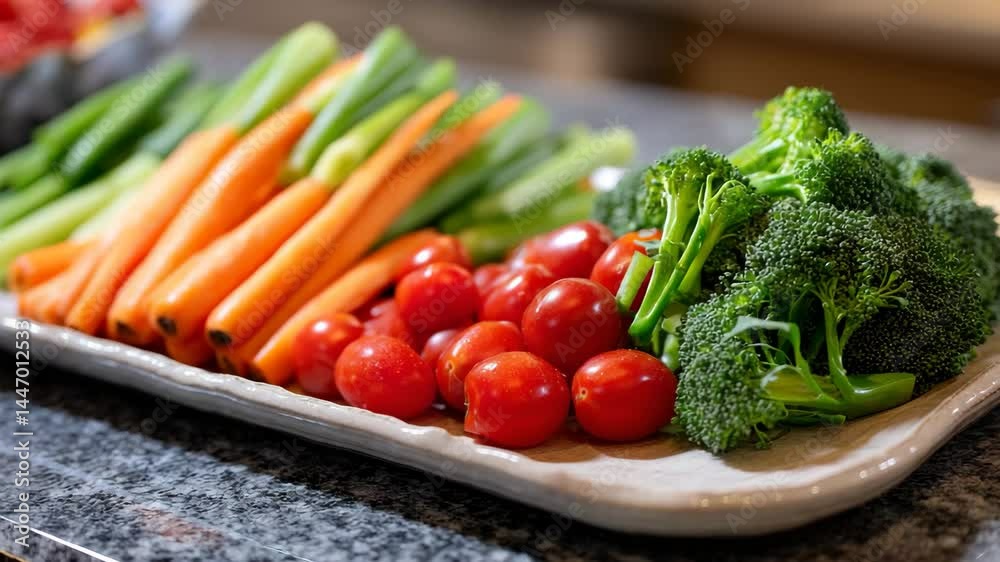 This vibrant platter showcases an array of fresh vegetables, featuring bright carrots, green cucumbers, juicy tomatoes, and rich broccoli, perfect for healthy snacking or meals. This vibrant platter showcases an array of fresh vegetables, featuring bright carrots, green cucumbers, juicy tomatoes, and rich broccoli, perfect for healthy snacking or meals.
