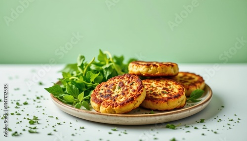 Tempting zucchini fritters in the airy corner on a herb green background, in a clean food photography style, with mild noon radiance, spacious layout, high resolution