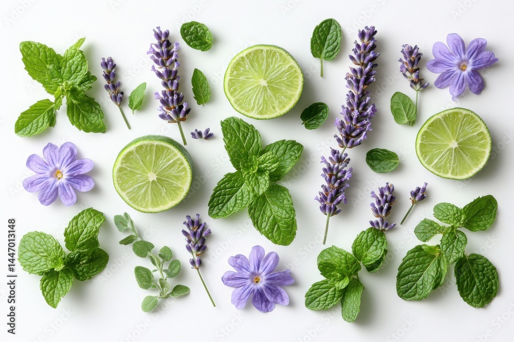 Fresh Ingredients: Vibrant assortment of herbs flowers and citrus slices