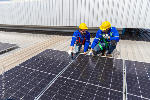 Wallpaper Mural Engineer set installation and inspection standards of solar panels on roof of an industrial factory. Team technician inspection solar cell. Alternative innovation power environmental. Torontodigital.ca