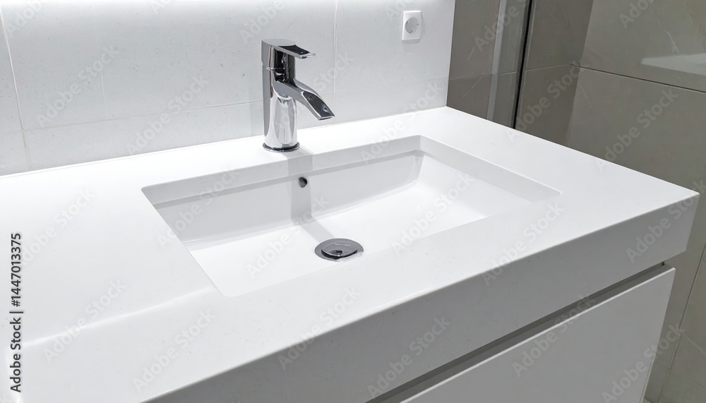 Fototapeta premium A sleek, white porcelain sink elegantly rests atop a modern bathroom counter, surrounded by stylish fixtures and soft, ambient lighting.