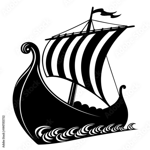 Explore the seas with a detailed viking ship illustration of a longboat sailing the ocean waves vector art isolated on transparent background