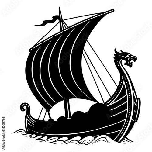 Viking ship sailing vector illustration black and white norse longboat clip art seafaring vessel design element isolated on transparent background